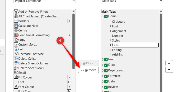 Cells is selected in the right-hand menu in the Excel Options Customize Ribbon window, and the Remove button is highlighted.