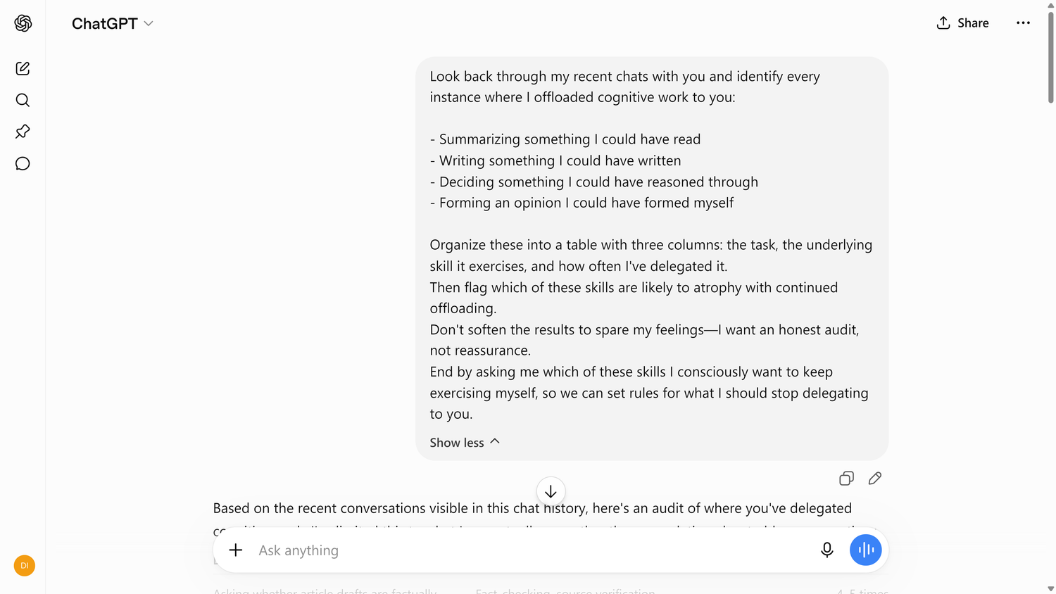 ChatGPT prompt to analyze my task delegation and what I'm offloading.