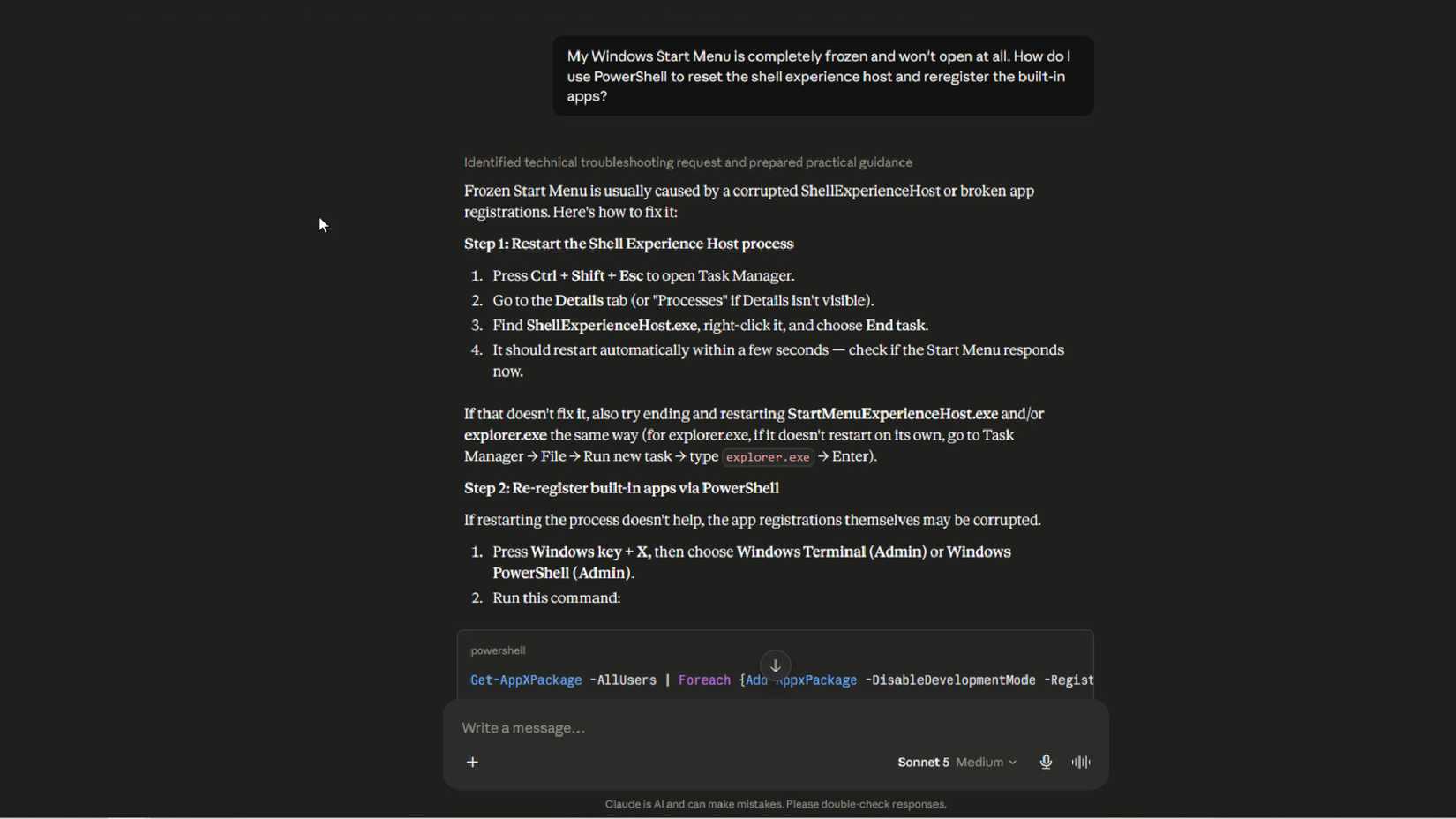 Claude answering windows start menu issue