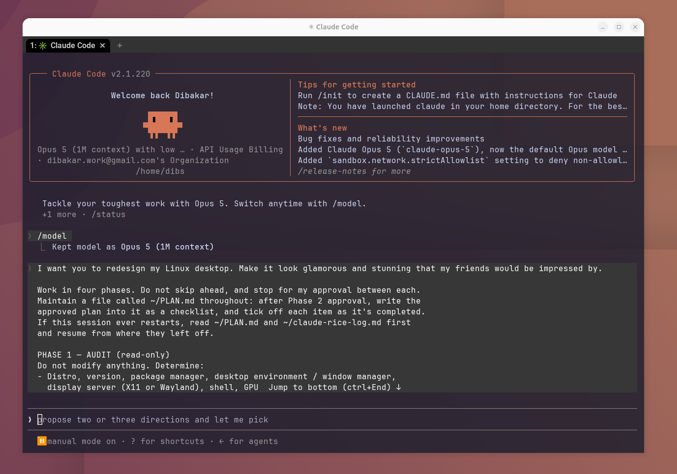 Claude Code terminal welcome screen with the initial redesign prompt asking for a glamorous four-phase Linux desktop rice.