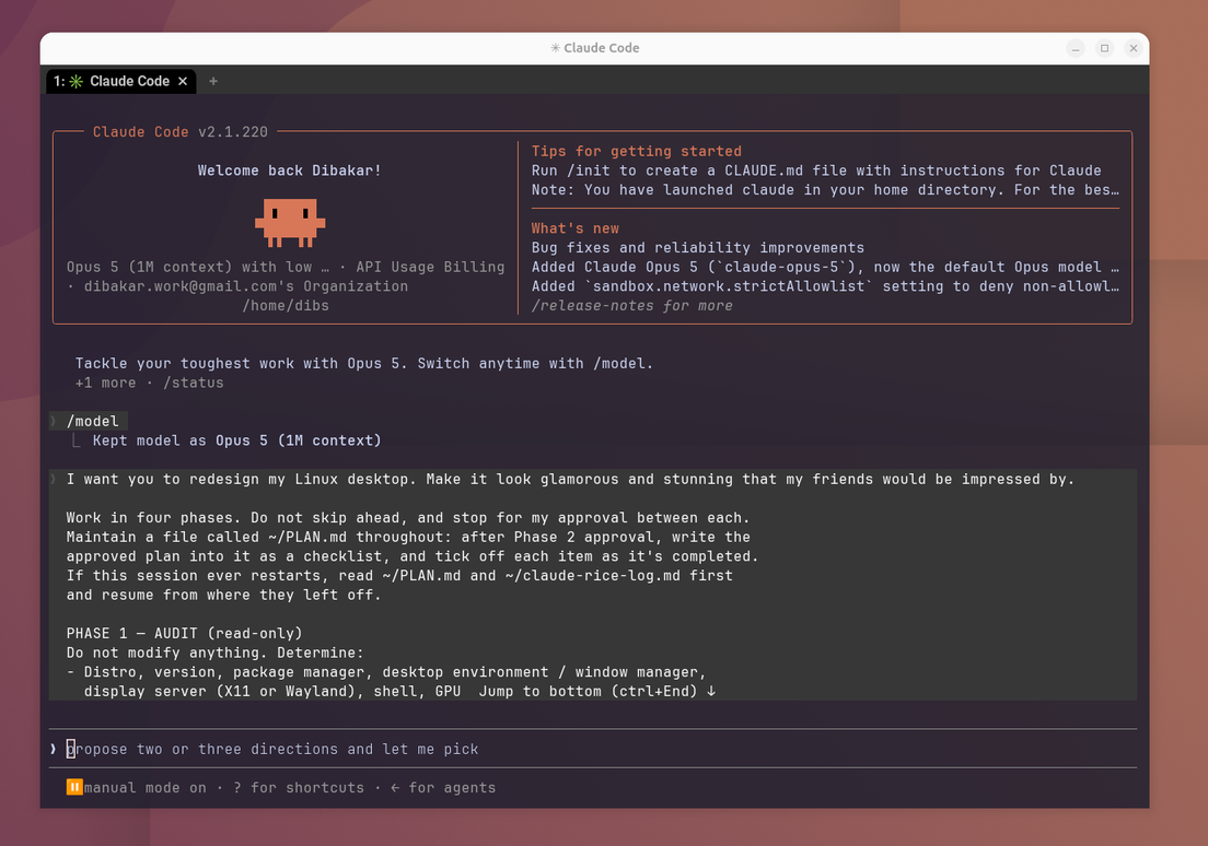 Claude Code terminal welcome screen with the initial redesign prompt asking for a glamorous four-phase Linux desktop rice.