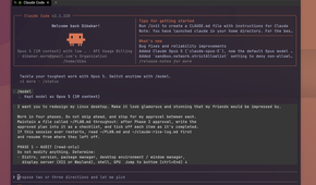 Claude Code terminal welcome screen with the initial redesign prompt asking for a glamorous four-phase Linux desktop rice.