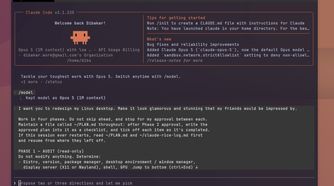 Claude Code terminal welcome screen with the initial redesign prompt asking for a glamorous four-phase Linux desktop rice.