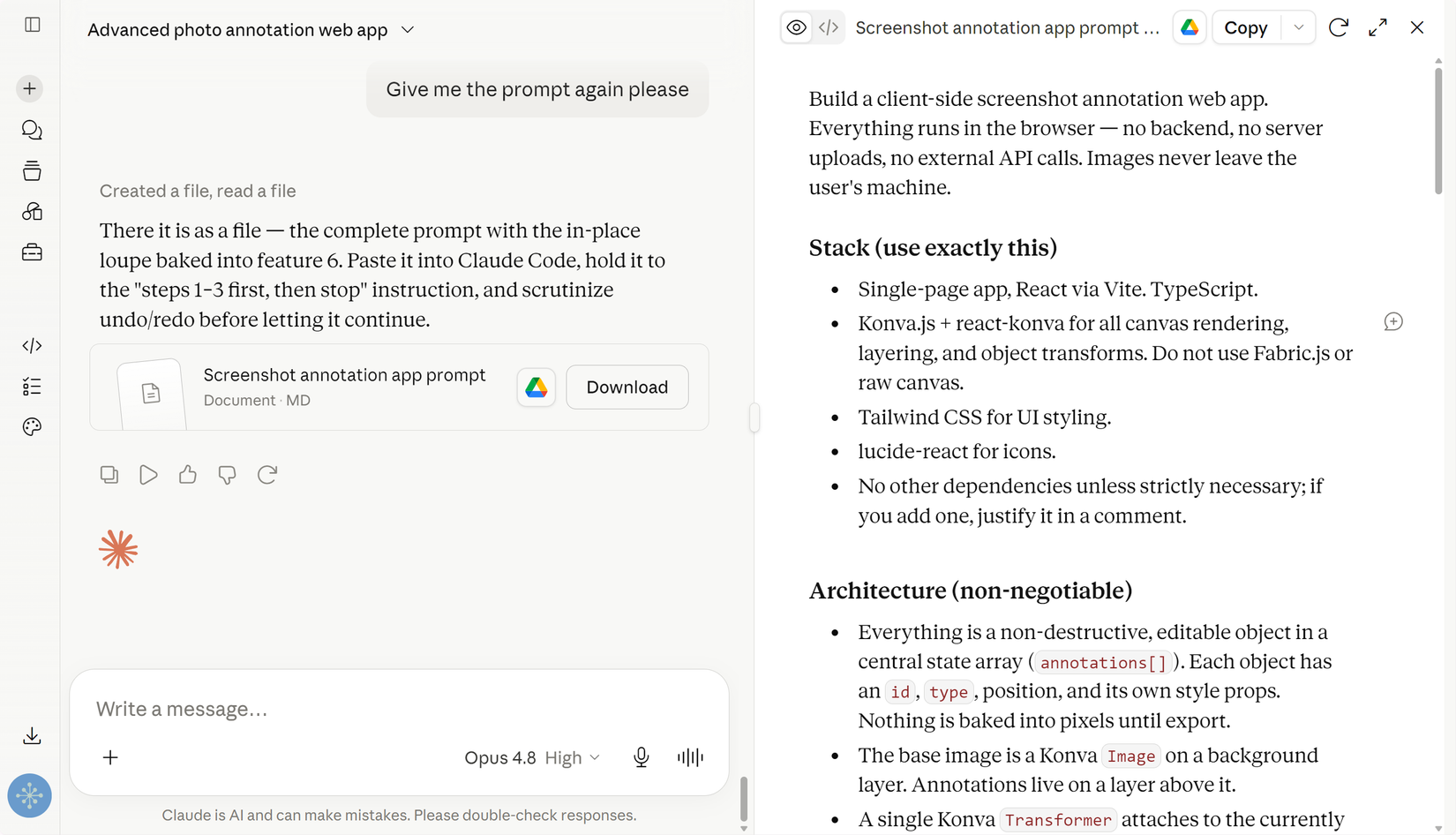 Claude web app delivering the refined Screenshot annotation app prompt as a downloadable MD file with the build prompt visible on the right.