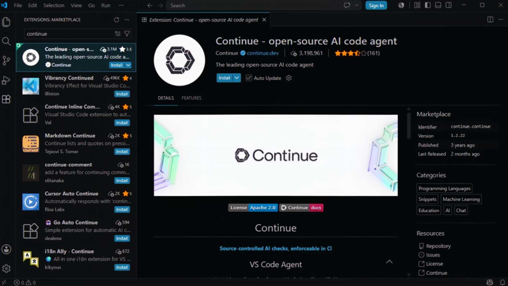 Continue dev in vs code