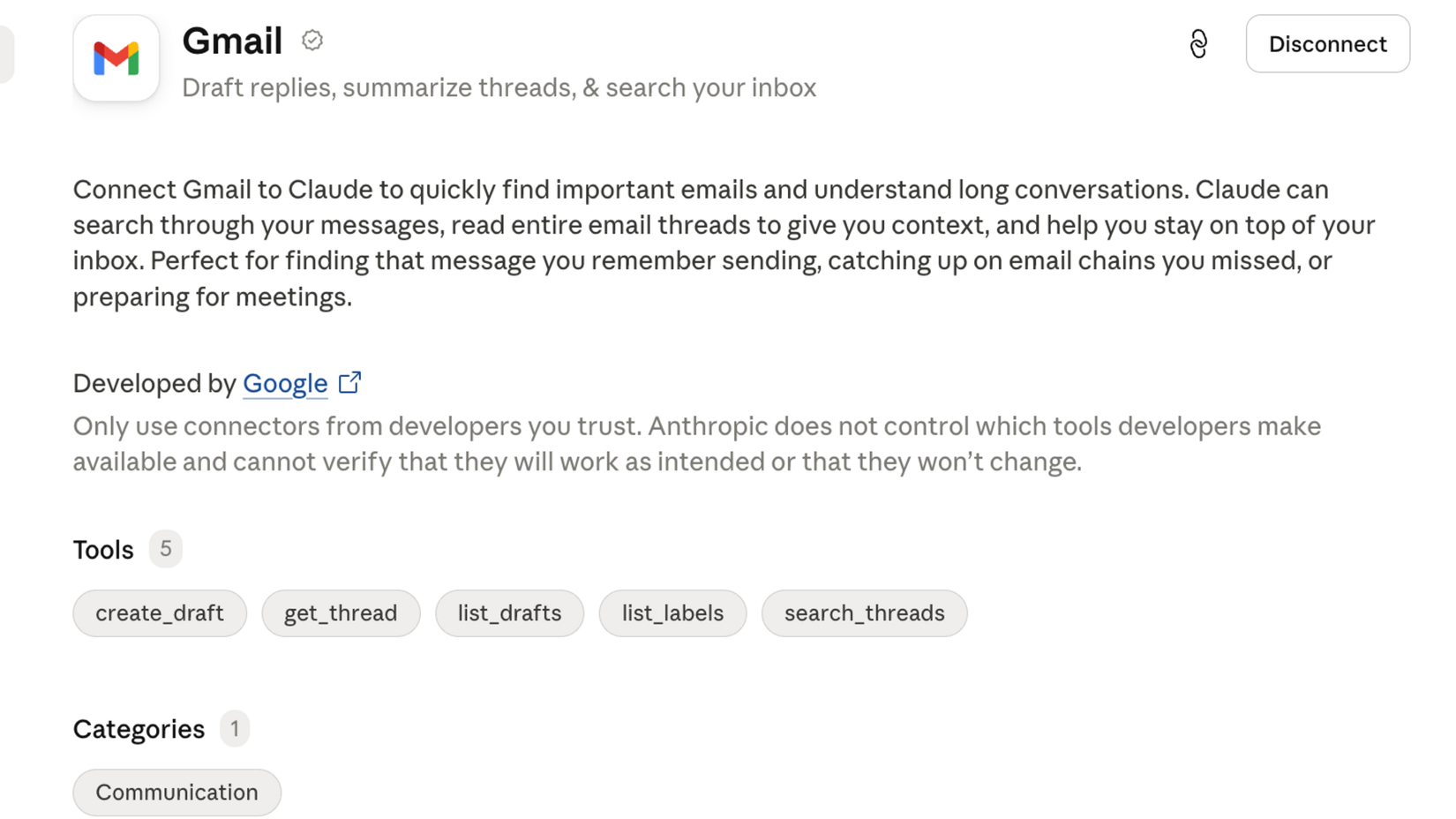 Cowork connectors page showing the Gmail connector with the create_draft get_thread list_drafts list_labels and search_threads tools.