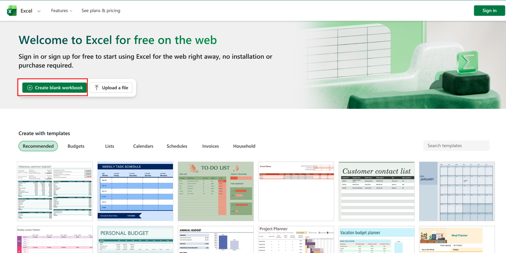 Creating a new workbook in the online cloud version of Excel.