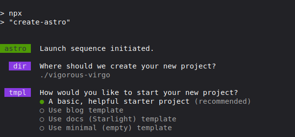 Creating my first project with Astro on the command line.