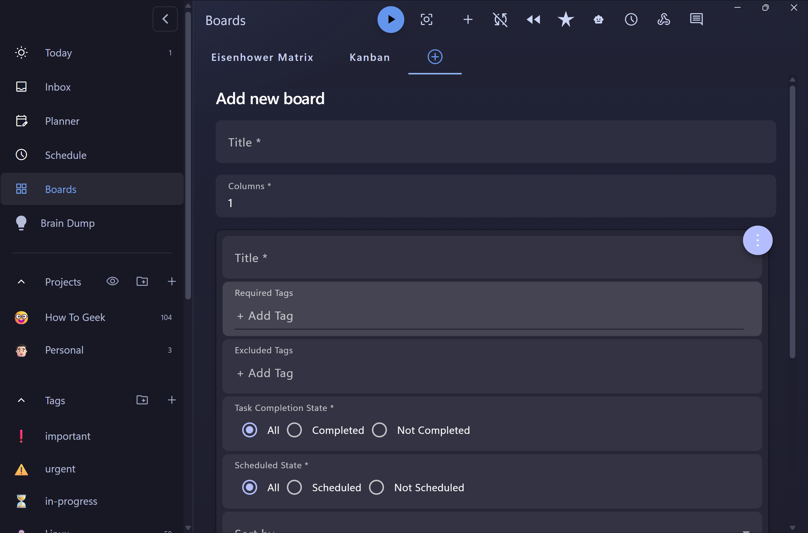Custom board panel settings showing Required Tags, Excluded Tags, Task Completion State, and Scheduled State filters.-1