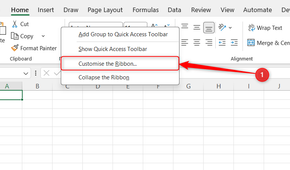 Customize the Ribbon is selected in the right-click ribbon menu in Excel.