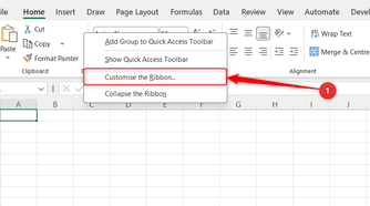 Customize the Ribbon is selected in the right-click ribbon menu in Excel.