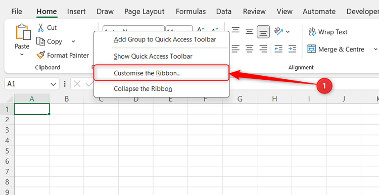 Customize the Ribbon is selected in the right-click ribbon menu in Excel.