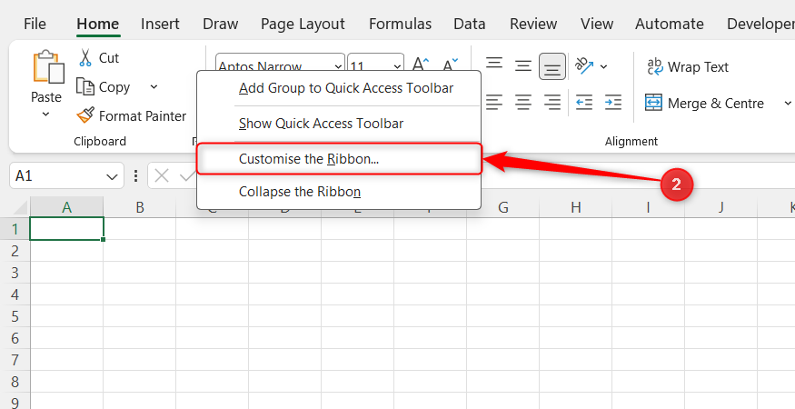 Customize the Ribbon is selected in the right-click ribbon menu in Microsoft Excel.