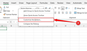 Customize the Ribbon is selected in the right-click ribbon menu in Microsoft Excel.