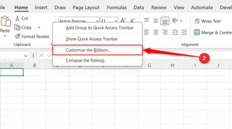 Customize the Ribbon is selected in the right-click ribbon menu in Microsoft Excel.