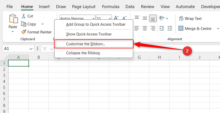 Customize the Ribbon is selected in the right-click ribbon menu in Microsoft Excel.