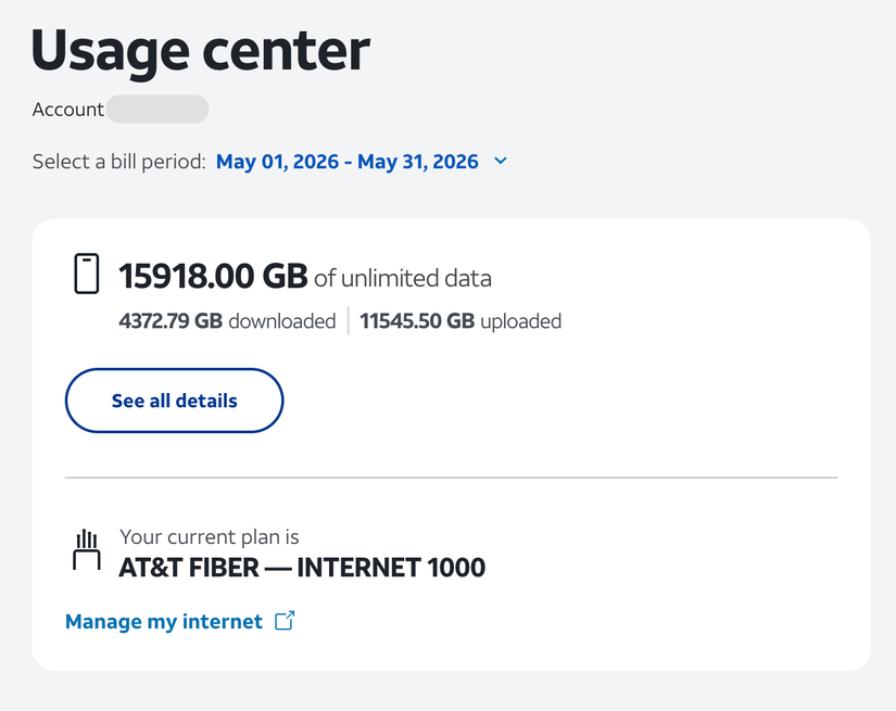 Истифодаи маълумот дар AT&T Fiber, ки тақрибан 16TB маълумотро дар як моҳ истифода мебарад.