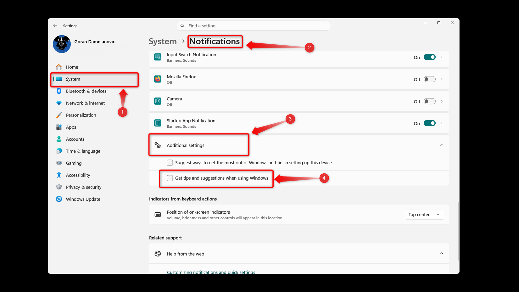 The Notifications menu in Windows Settings. 