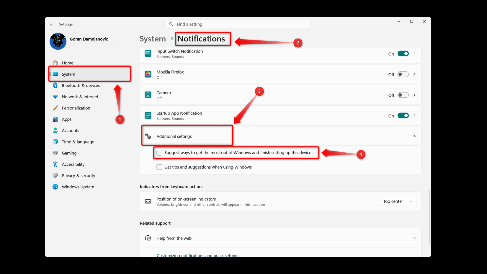 The Notifications menu in Windows Settings. 