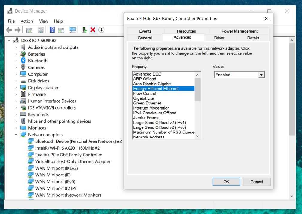 Disabling the Energy-Efficient Ethernet setting in Advanced tab.
