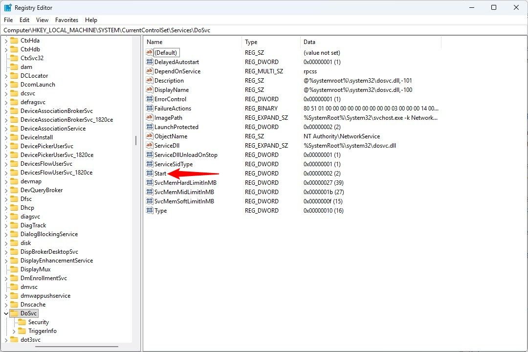 Double-click the Start entry in the Registry.