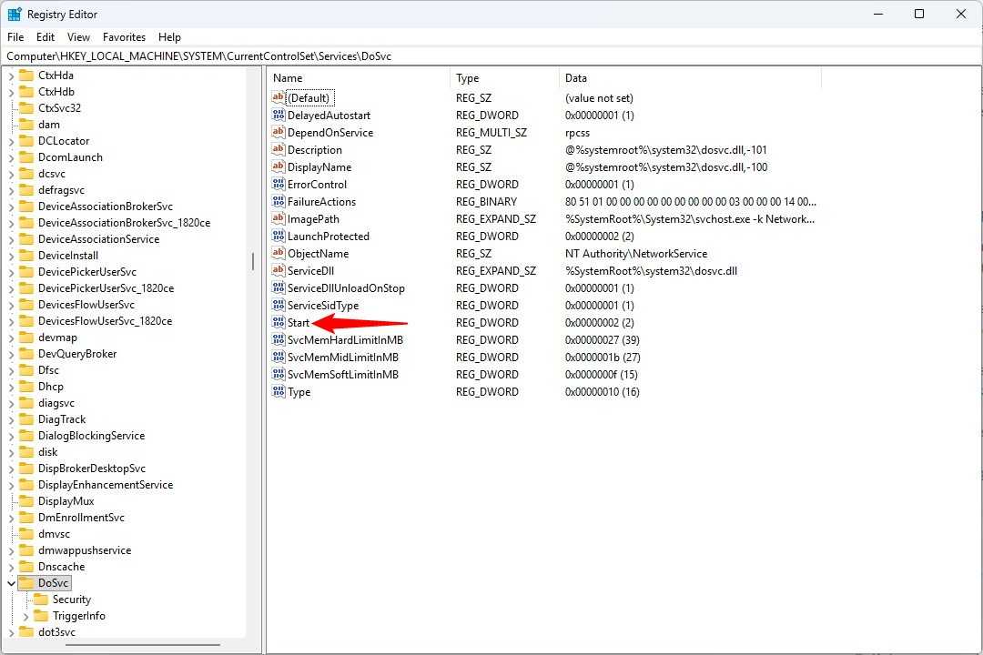 Double-click the Start entry in the Registry.