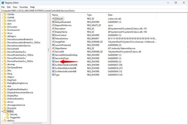 Double-click the Start entry in the Registry.