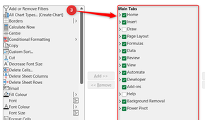 Draw and Help are unchecked in the Main Tabs menu of the Excel Options window to remove them from the ribbon.