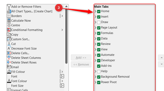 Draw and Help are unchecked in the Main Tabs menu of the Excel Options window to remove them from the ribbon.