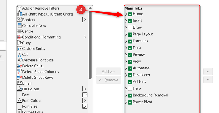 Draw and Help are unchecked in the Main Tabs menu of the Excel Options window to remove them from the ribbon.
