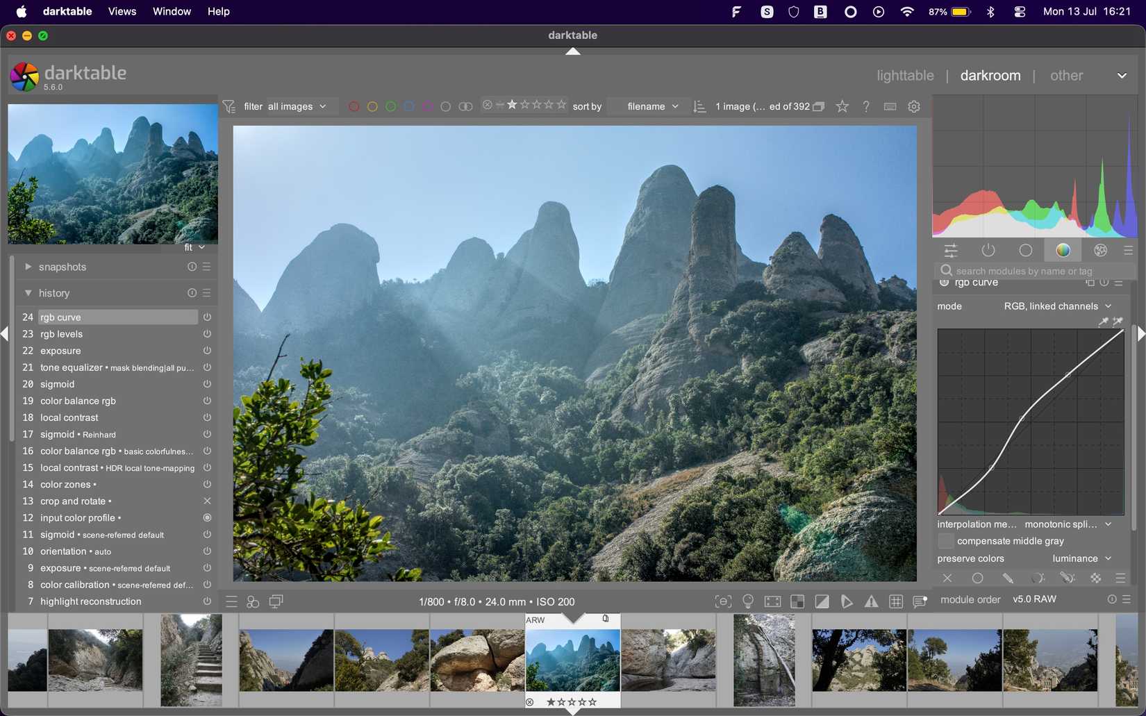 Editing a RAW image in darktable.