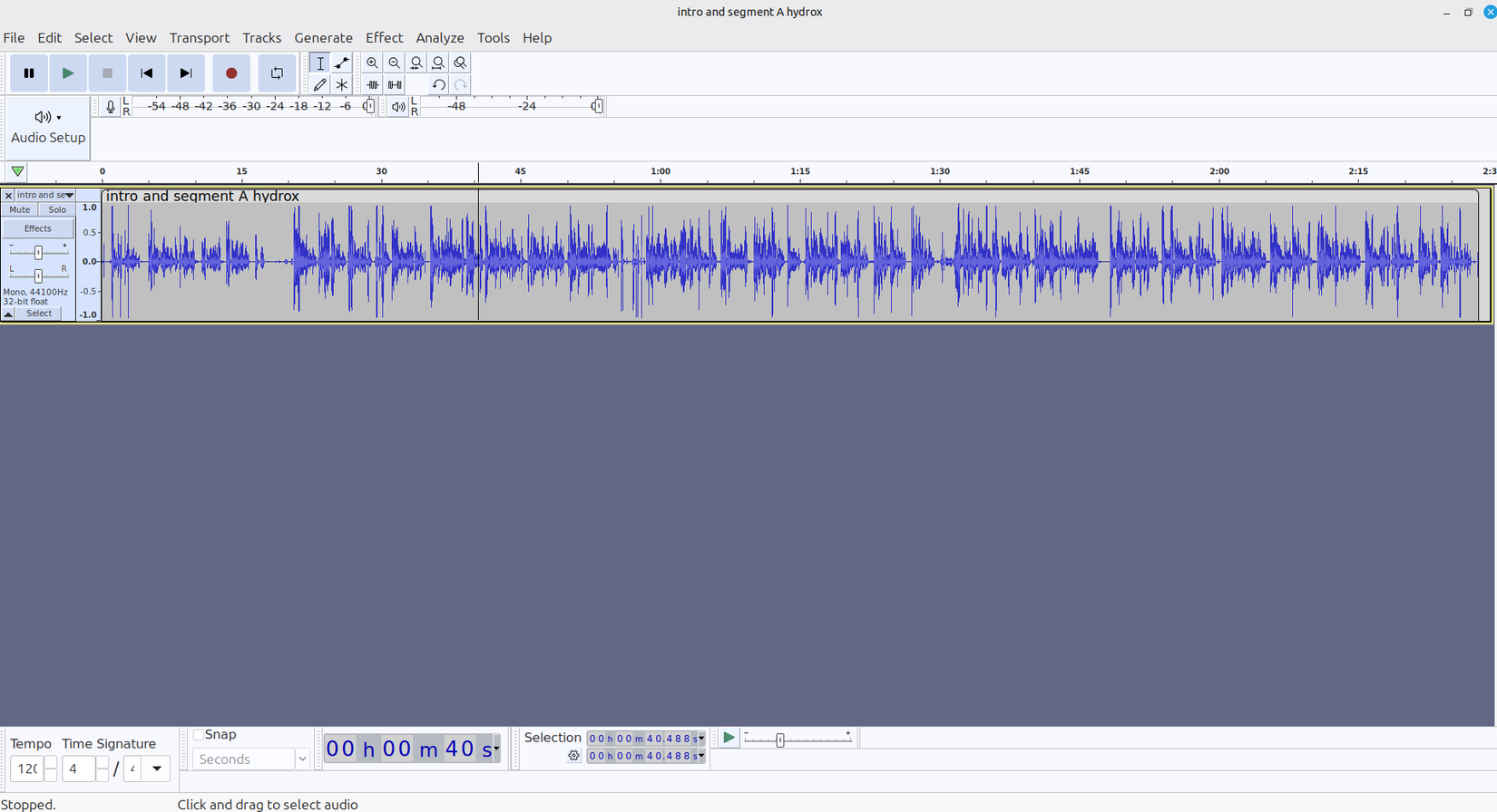 Editing an audio segment for a podcast in Audacity.