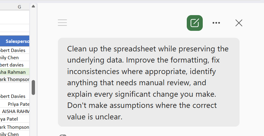 Excel Copilot pane showing a prompt asking Copilot to clean up the spreadsheet while preserving the underlying data.