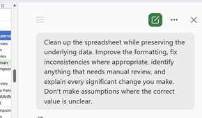 Excel Copilot pane showing a prompt asking Copilot to clean up the spreadsheet while preserving the underlying data.