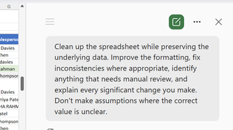 Excel Copilot pane showing a prompt asking Copilot to clean up the spreadsheet while preserving the underlying data.