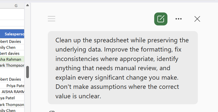 Excel Copilot pane showing a prompt asking Copilot to clean up the spreadsheet while preserving the underlying data.