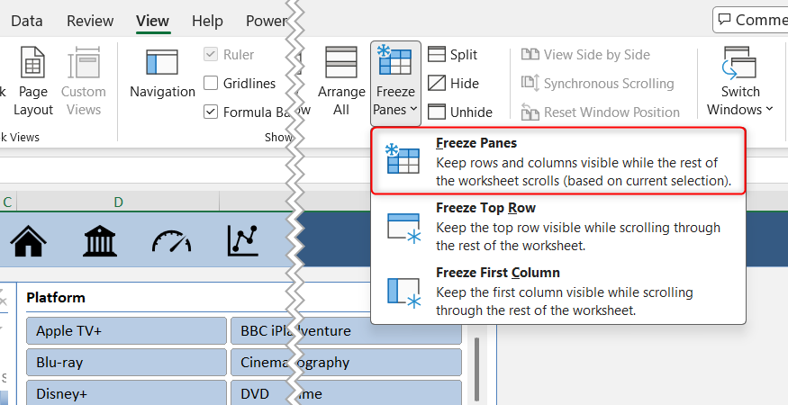 You're using Freeze Panes in Excel to solve the wrong problems