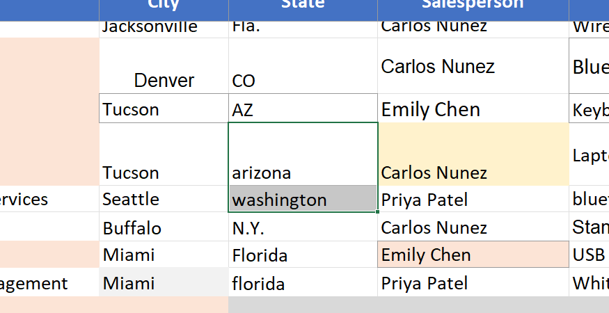 Excel worksheet showing lowercase state names that Copilot left unchanged because it considered them ambiguous.