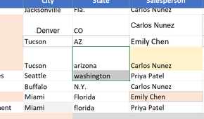 Excel worksheet showing lowercase state names that Copilot left unchanged because it considered them ambiguous.