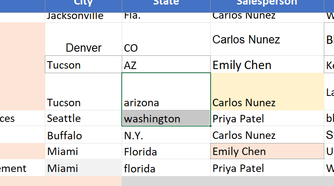 Excel worksheet showing lowercase state names that Copilot left unchanged because it considered them ambiguous.