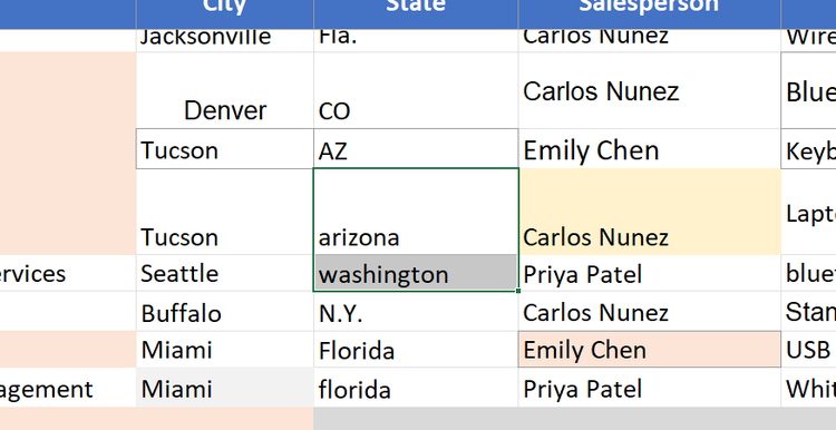 Excel worksheet showing lowercase state names that Copilot left unchanged because it considered them ambiguous.