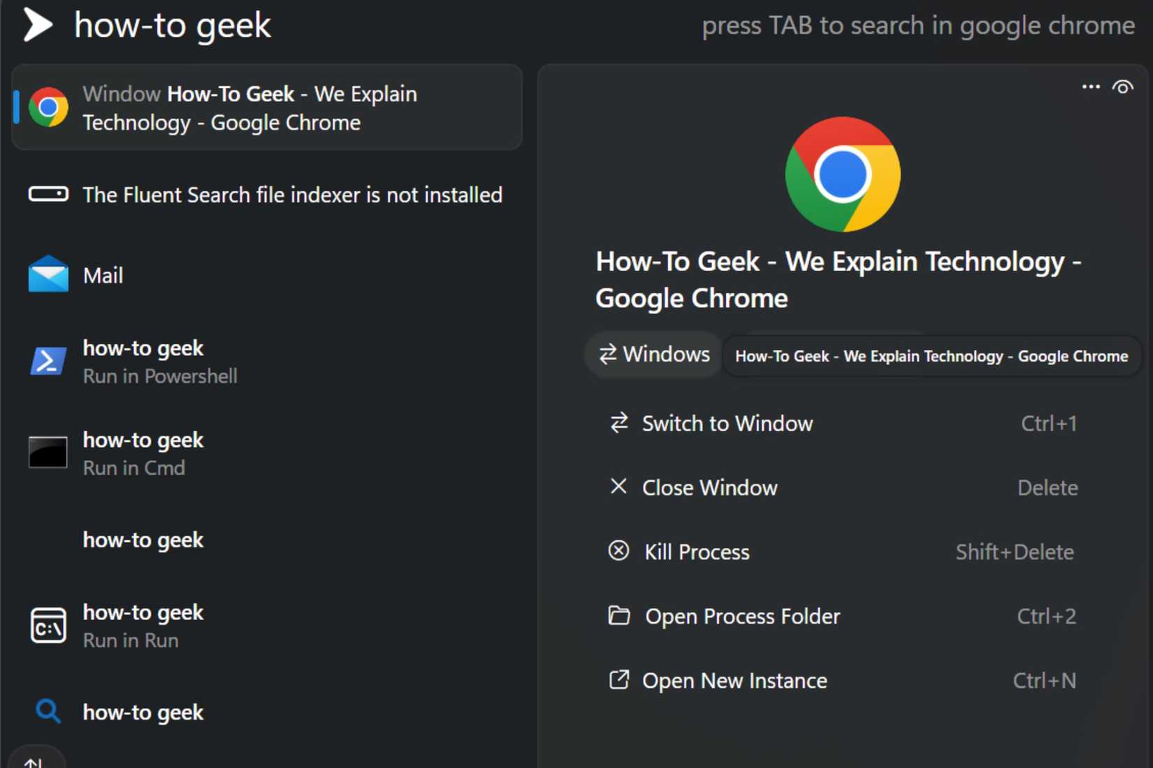 Fluent Search looking for a browser tab. 