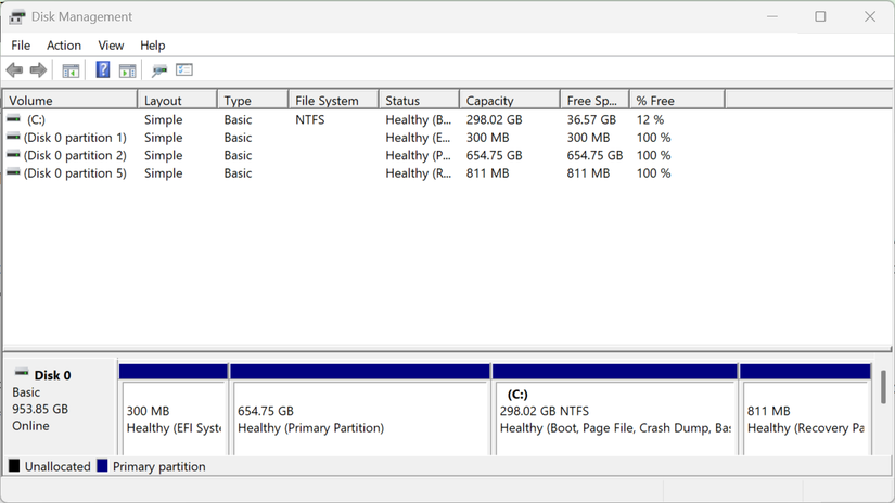 The free space and partitions on a 1T NVMe SSD. 