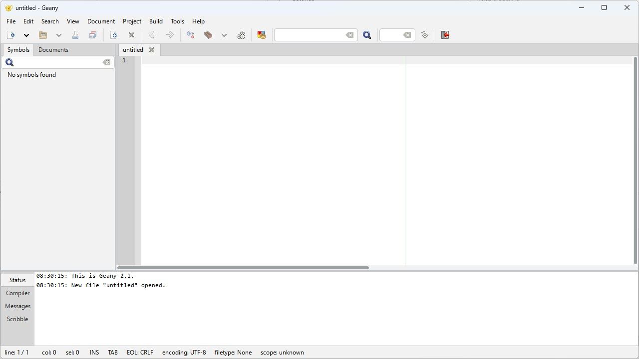 Geany Text Editor open to a blank screen.