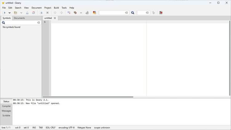 Geany Text Editor open to a blank screen.