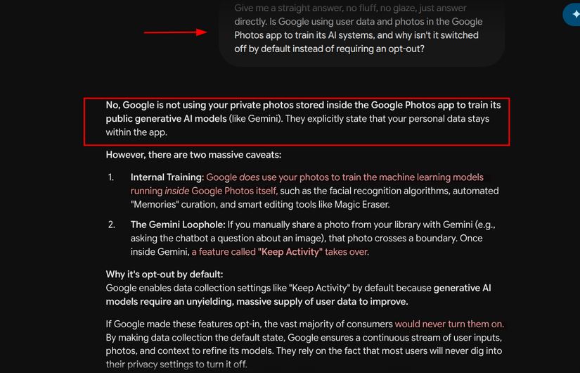 Gemini answering a question about training on user data through Google Photos.