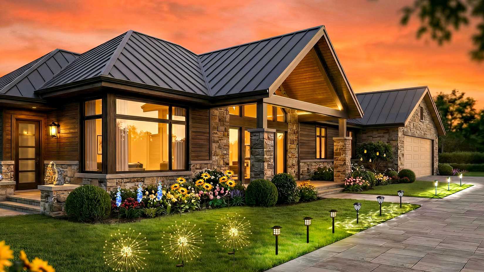 Angled view of a home lined with GIGALUMI pathway lights