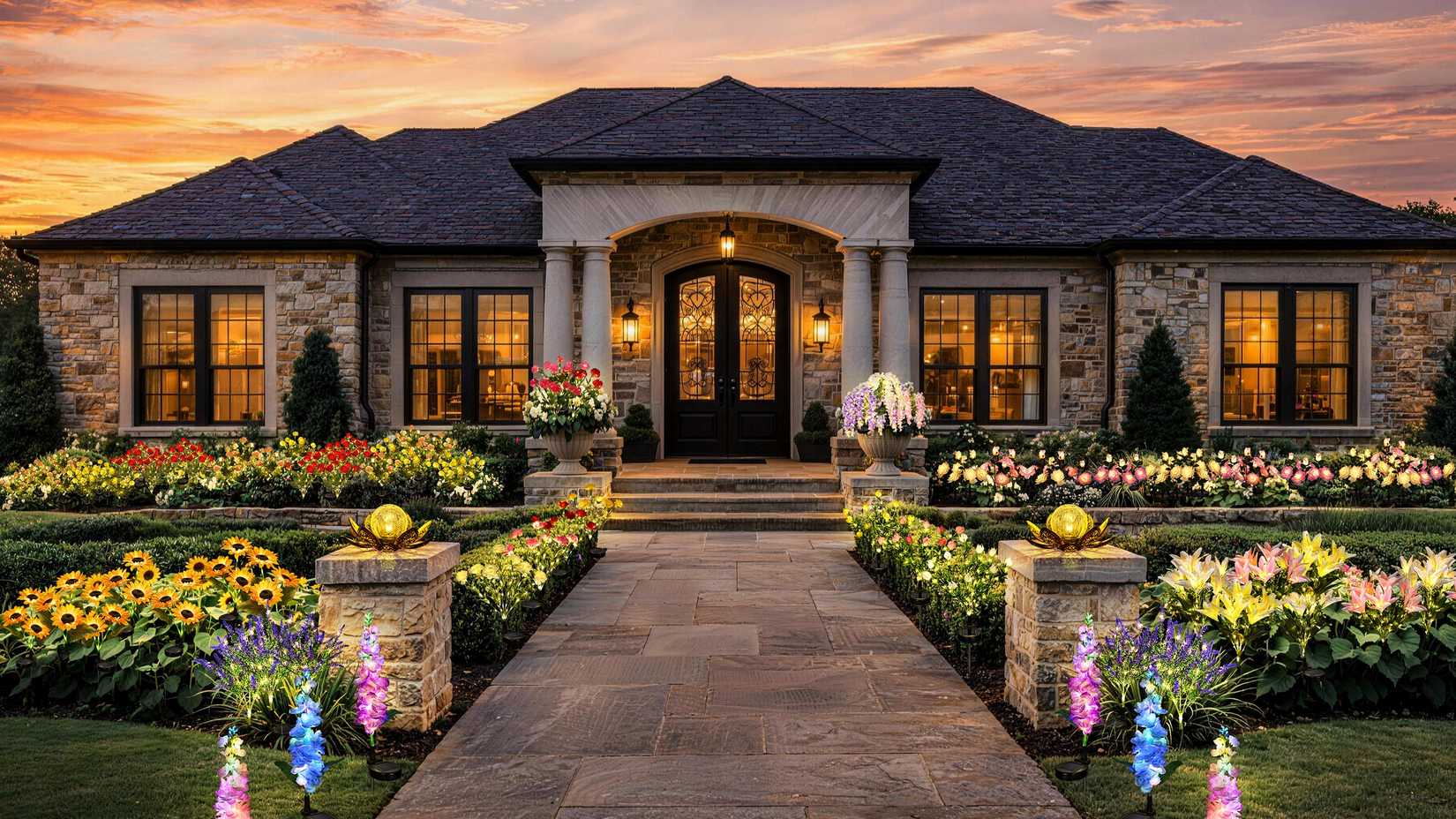 Home lit with GIGALUMI solar flower lights
