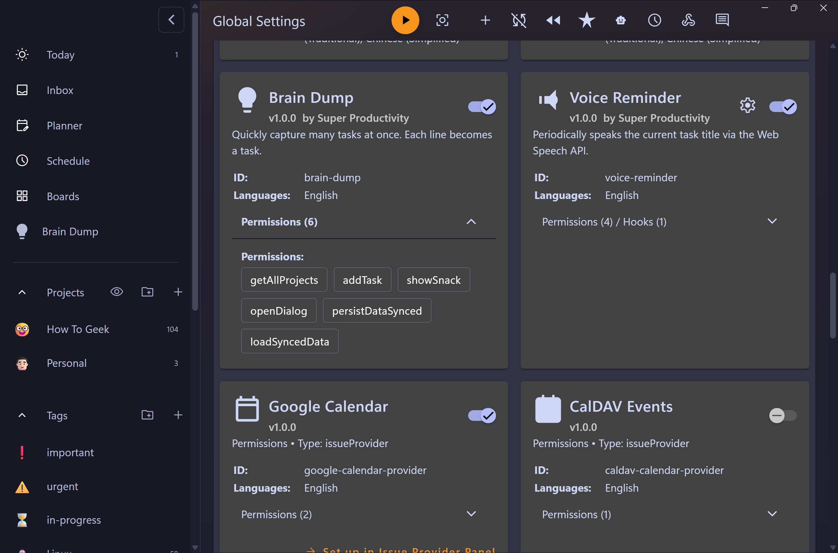 Global Settings plugin list showing Brain Dump and Voice Reminder plugins enabled with their permissions.-1