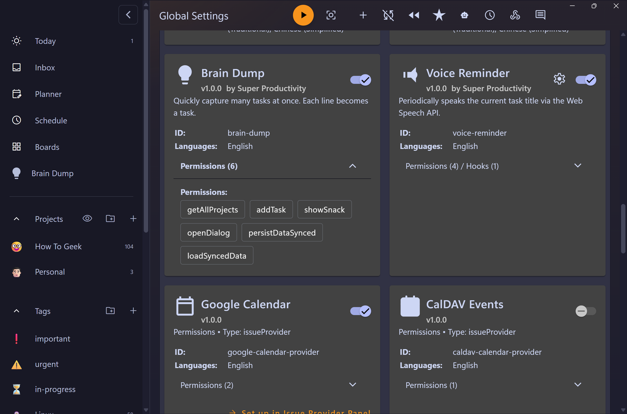 Global Settings plugin list showing Brain Dump and Voice Reminder plugins enabled with their permissions.-1